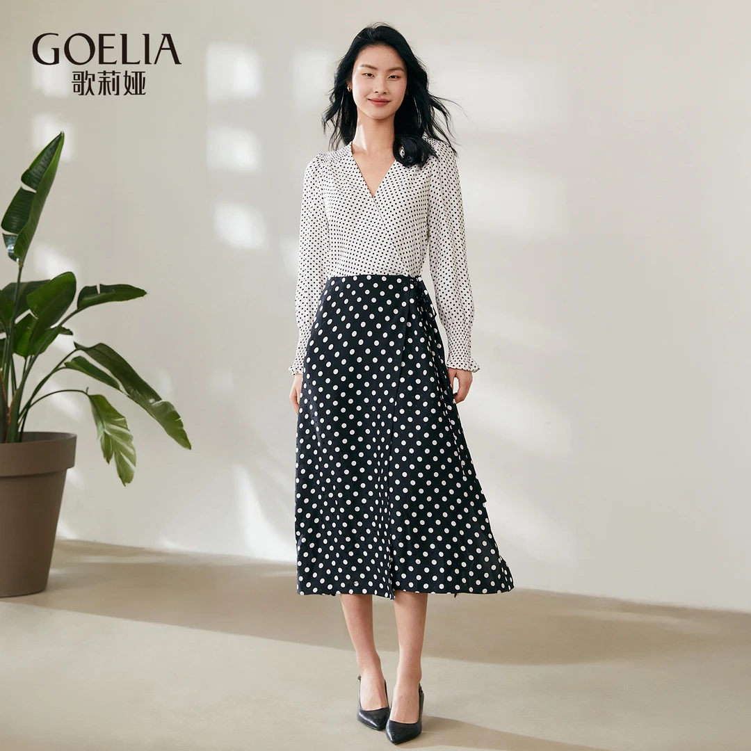 歌莉娅商场同款桑蚕丝波点连衣裙浪漫收腰法式长款时尚108L4K620