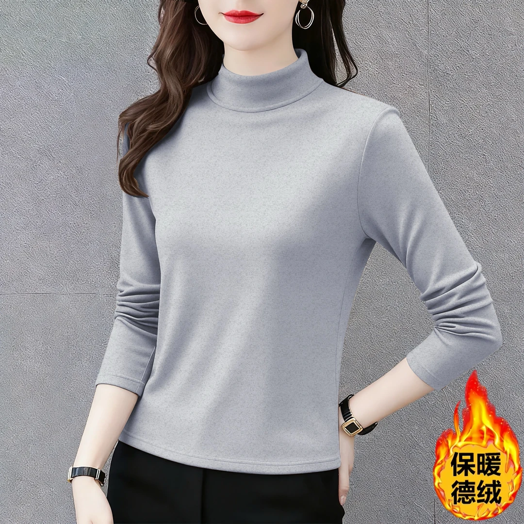 加厚双面德绒半高领打底衫女秋冬季新款修身显瘦遮肚长袖保暖上衣