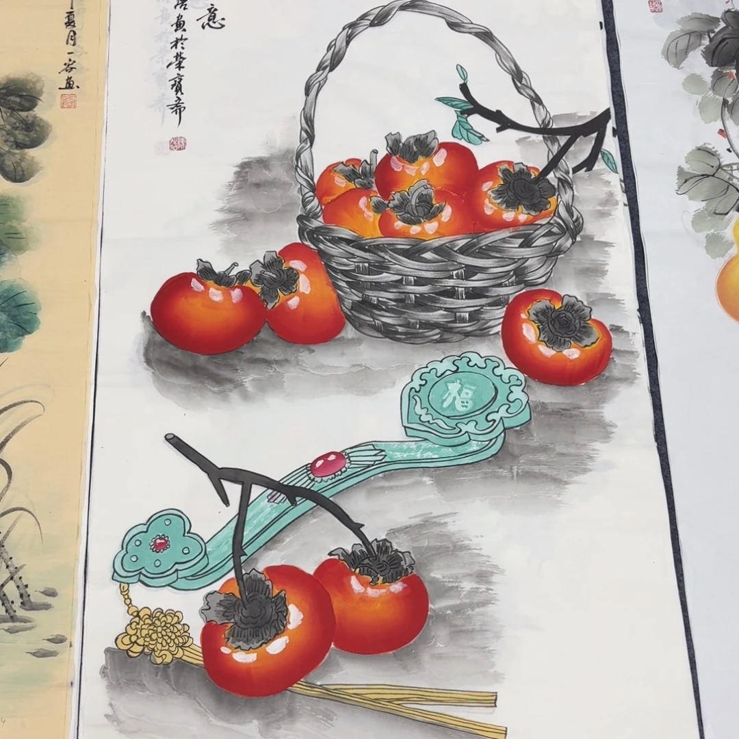 国画140×70柿柿如意画画