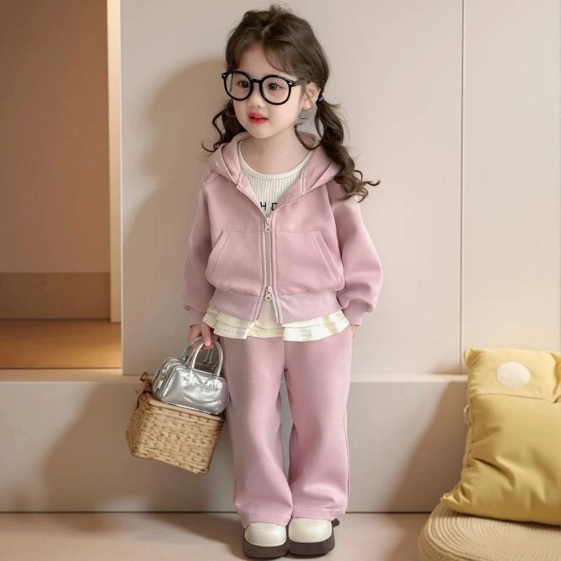 女童2025春秋季儿童新款运动两件套连帽开衫外套阔腿裤时髦套装潮