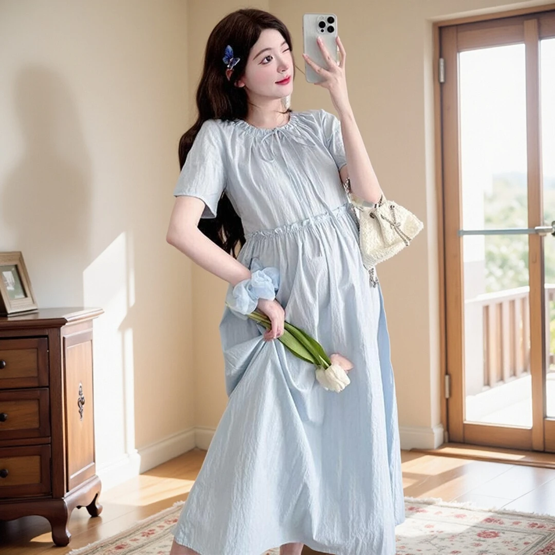 孕妇装2025夏季新款甜美百搭圆领木耳边连衣裙时尚显瘦中长孕妇裙