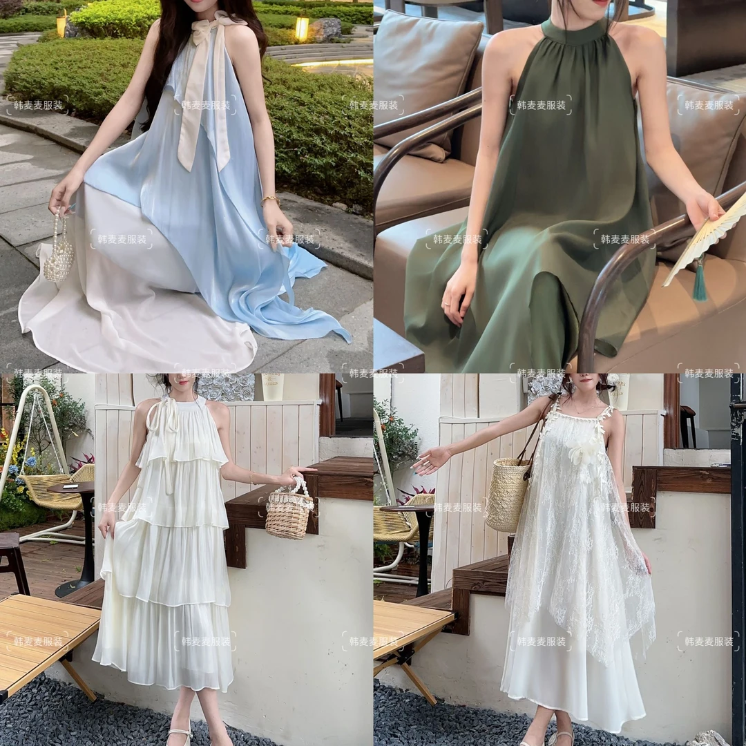 K321-K387/十三行气质氛围感连衣裙减龄显瘦吊带裙挂脖新款耳套