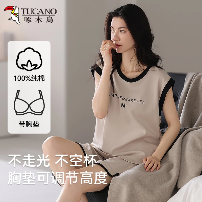 啄木鸟100%纯棉简洁时尚家居服2025年新款女士睡衣夏季清凉套头无