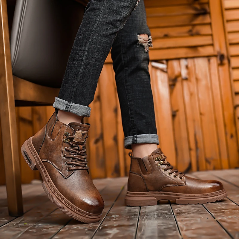 【原创设计款】防滑防水车缝线款头层牛皮男士休闲百搭马丁靴男潮