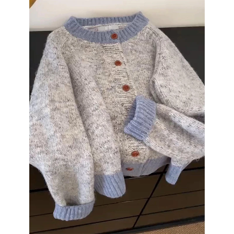 韩版慵懒风气质网红时尚百搭宽松型圆领针织衫开衫女装加厚秋冬