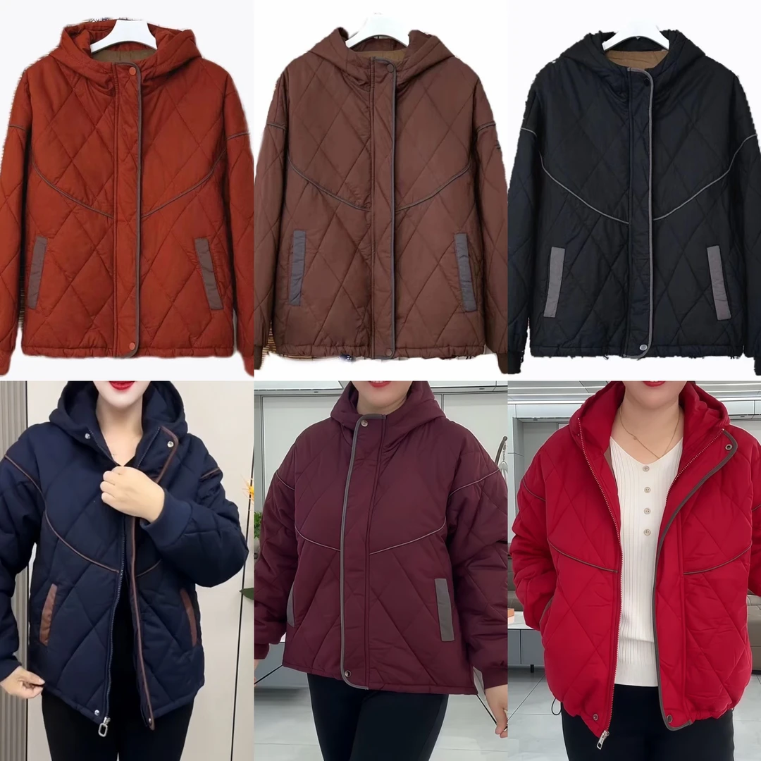 秋冬时尚休闲连帽拉链棉袄宽松舒适妈妈装