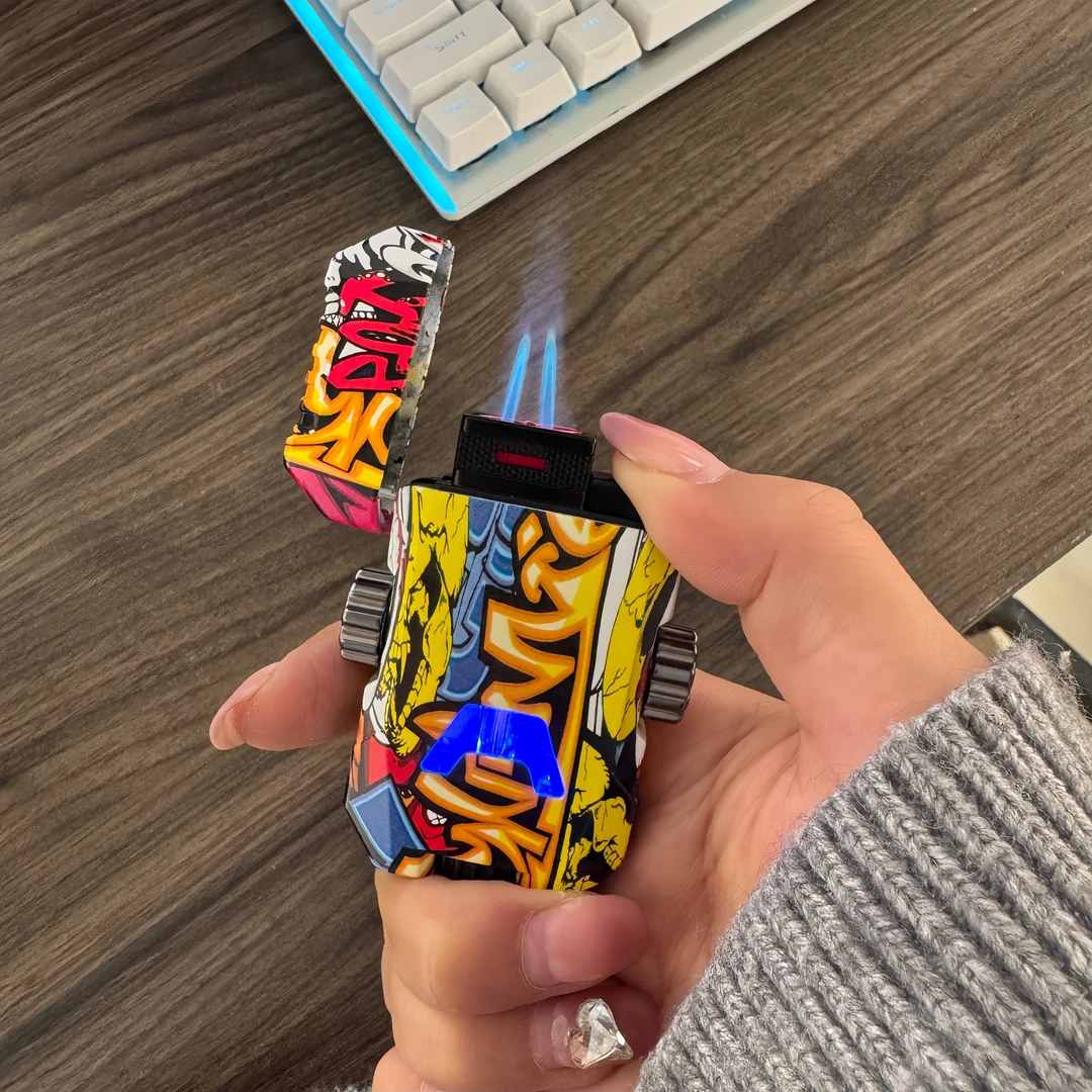 涂鸦花纹图案指尖陀螺机甲可视气窗炫酷双直冲防风打火机