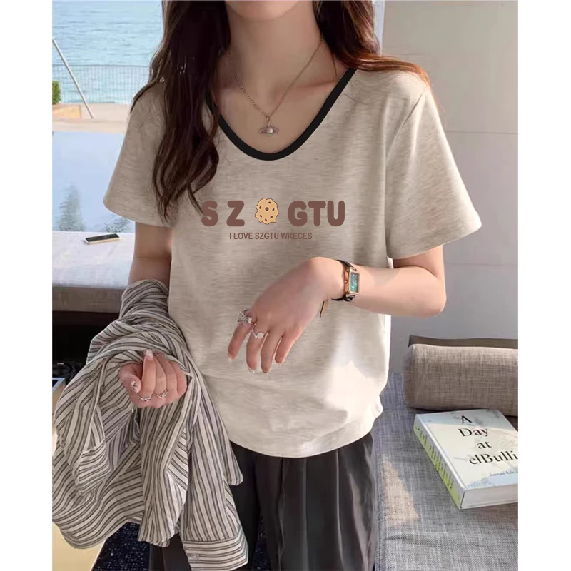 夏季新款韩版简约宽松显瘦短袖T恤女士设计感撞色大领口印花上衣