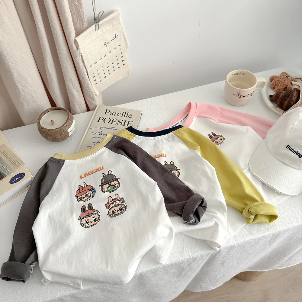 【高品质】儿童纯棉插肩T恤男童韩版套头打底衫女童拼色圆领内搭