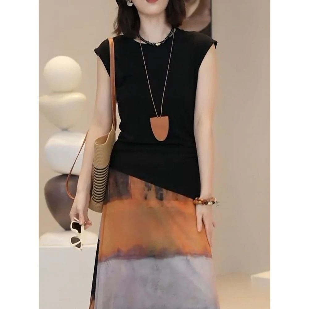 时尚休闲套装2025夏季新款简约气质纯色无袖上衣+洋气显瘦半身裙