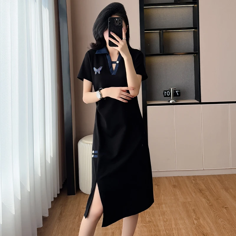 轻奢气质设计感洋气牛仔拼接V领连衣裙女夏大码减龄显瘦裙子9396