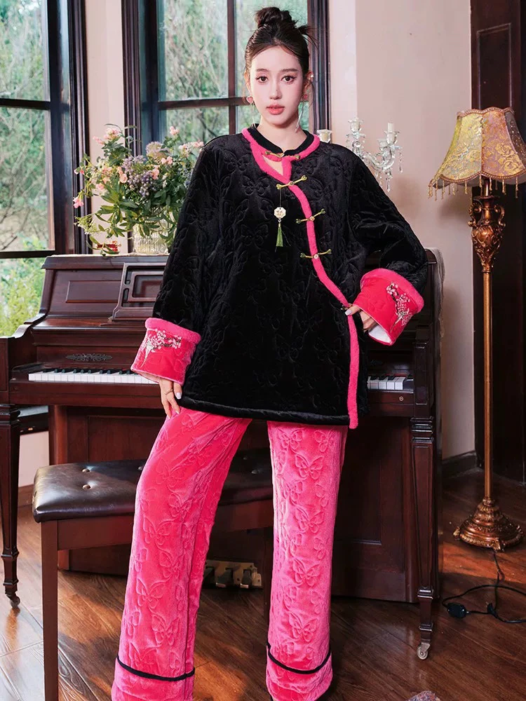 原创新中式刺绣撞色夹棉加厚加绒睡衣家居服珊瑚绒两件加棉套装冬