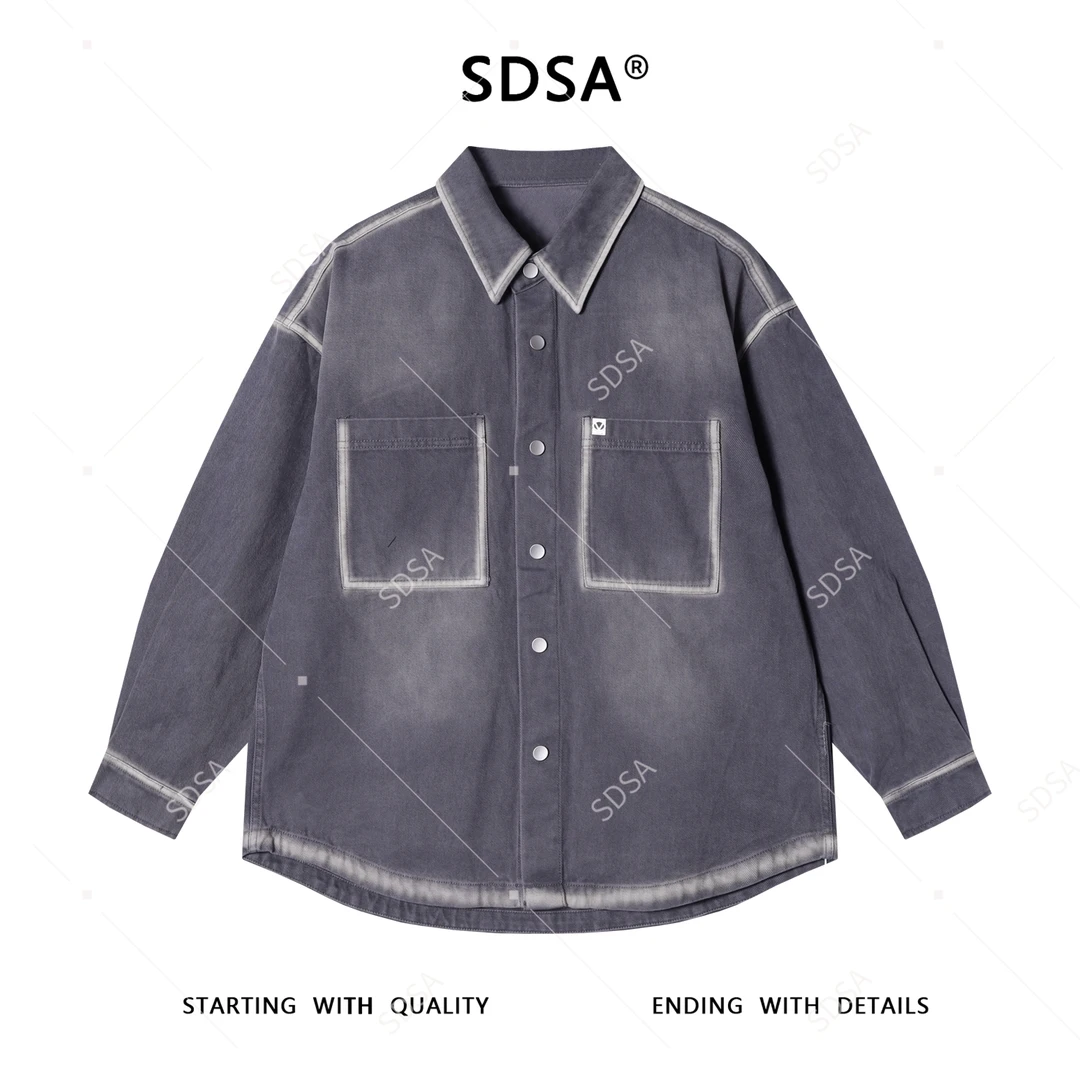 SDSA秋冬新款痞帅男装韩版做旧扎染纽扣翻领长袖衬衫百搭宽松衬衣