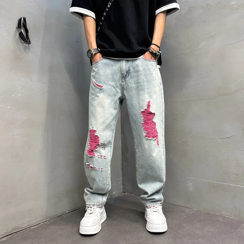 秋冬新款潮流宽松百搭粉色编织破洞长裤美美美式破洞宽松男士长裤