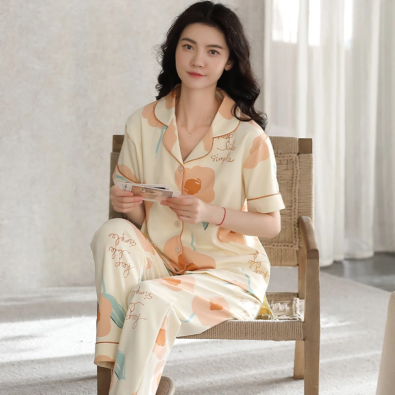 浪莎纯棉睡衣女夏季短袖长裤春夏季全棉开衫可外穿家居服套装薄款