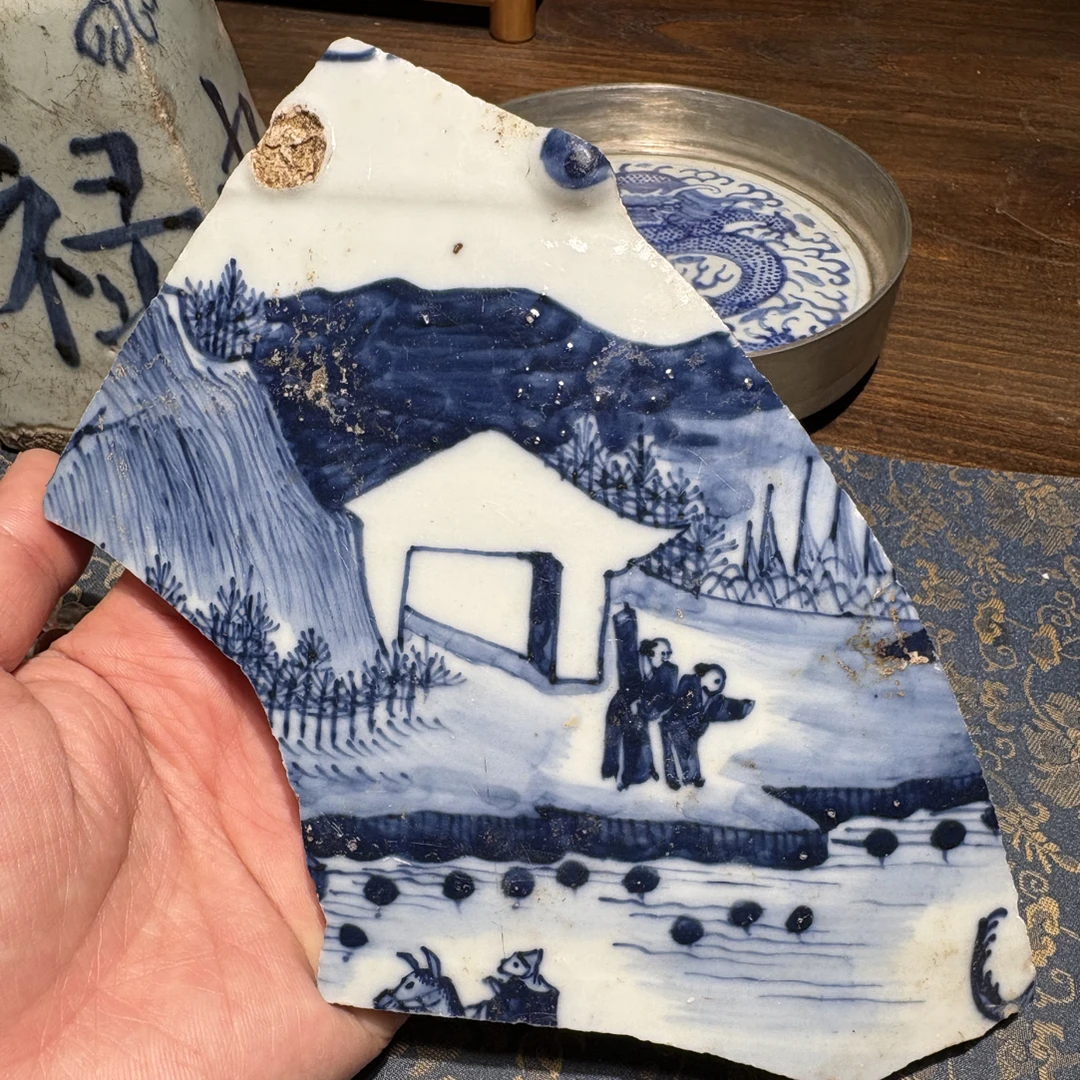 Q青花人物瓷绣墩瓷片标本学习收藏顺丰包邮全手工制作