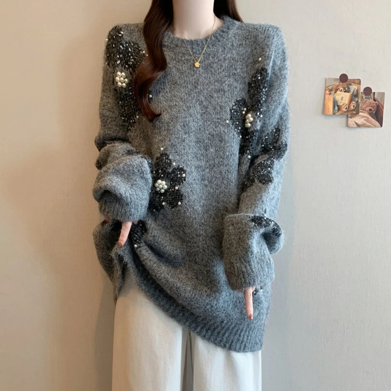 秋冬2025新款独特钉珠花朵圆领毛衣大码女装胖mm慵懒风针织衫上衣