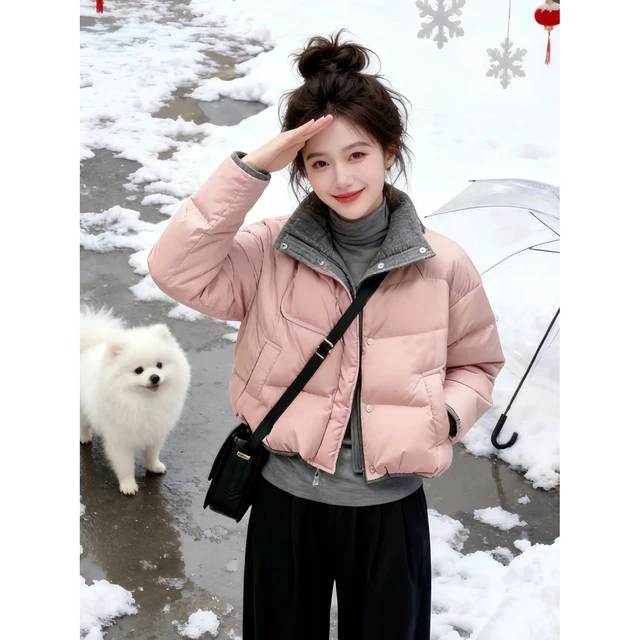 韩版2025新款巨好看的加厚粉色短款洋气保暖棉服外套女款冬季棉袄