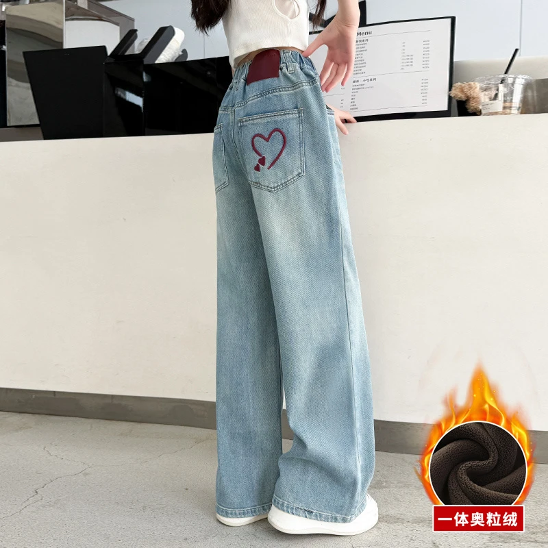 女童牛仔裤秋冬2025新款时尚加绒儿童阔腿裤8-15岁中大童女孩裤子