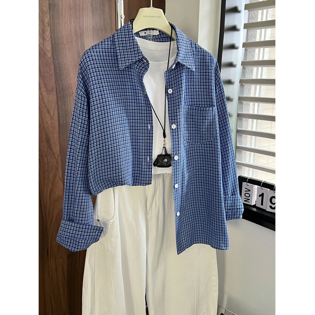 美式复古蓝色格子长袖衬衫秋季宽松休闲百搭高级感衬衣外套设计感