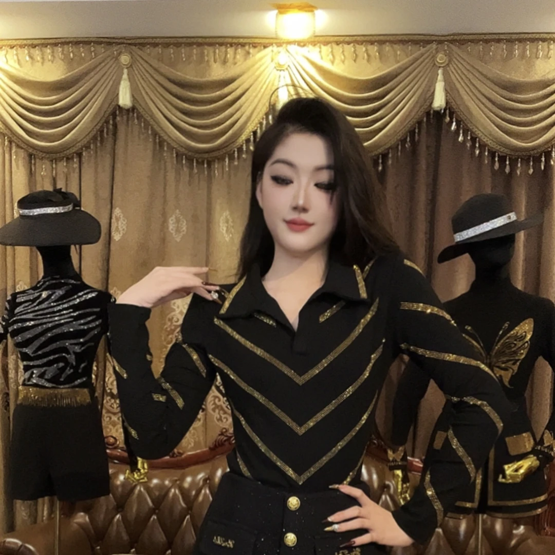 气质翻领新款重工烫钻polo领上衣长袖时尚洋气打底衫 显瘦修身