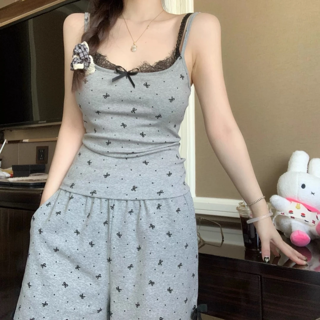 优质棉带蕾丝带胸垫睡衣套装女夏季吊带纯欲甜美蝶结家居服可外穿