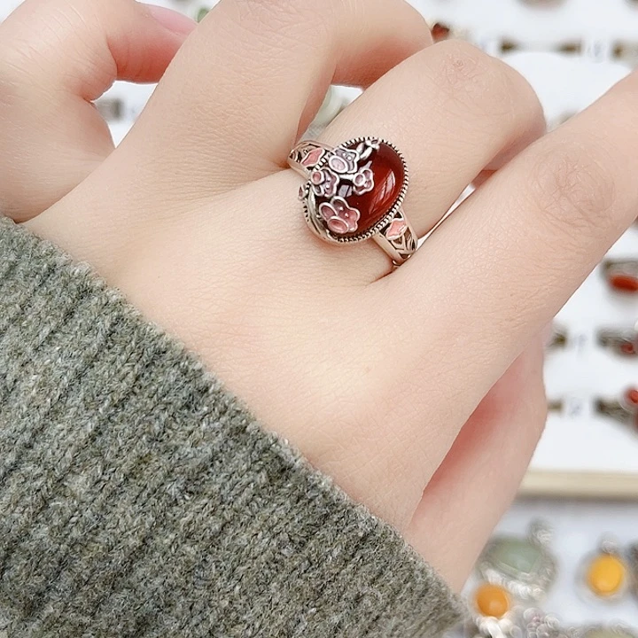 琥珀戒指银S925镶嵌天然