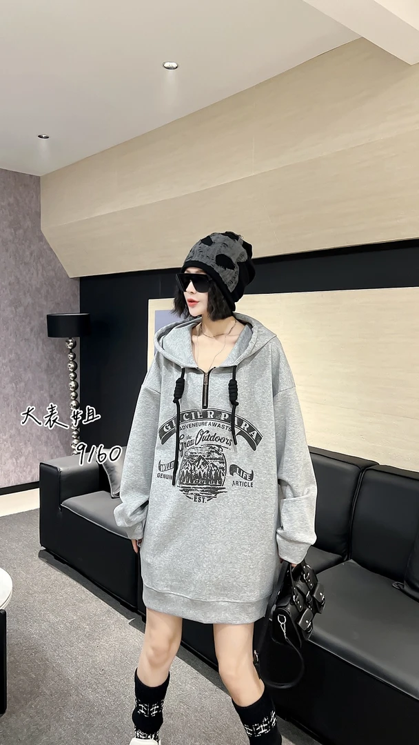 9160加大码美式复古连帽卫衣女春秋季宽松半拉链设计感小众上衣