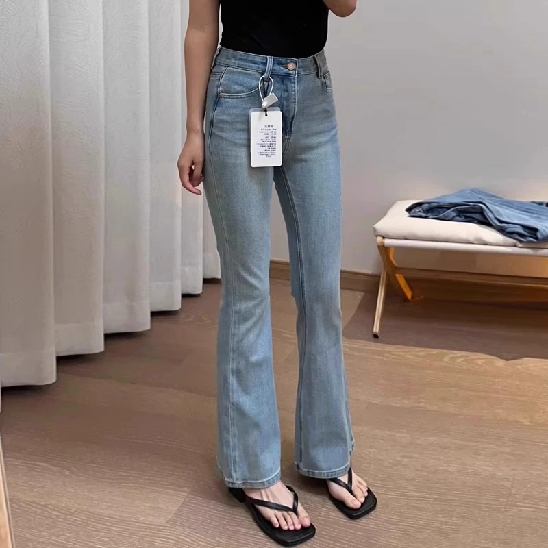 雪千羽怀旧蓝微喇叭拖地牛仔裤女高腰显瘦弹力修身春夏季遮肉提臀