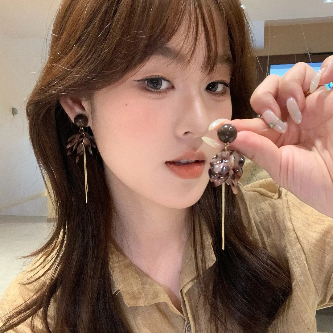 合金亚克力耳饰 豹纹花瓣流苏ins长款耳环轻奢高级感气质耳钉耳饰