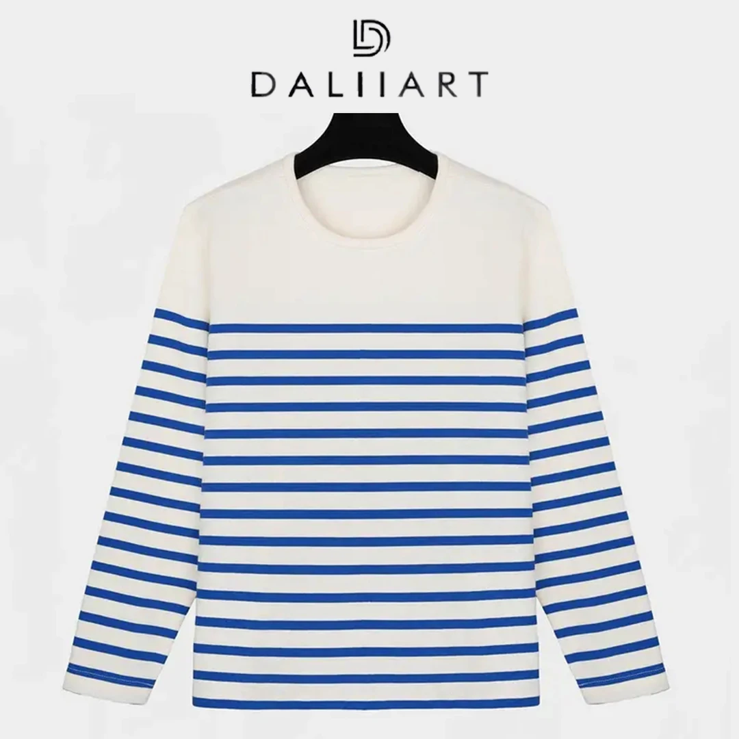 DALIART 去有海的地方 100棉色织条纹侧开叉圆领长袖T恤DLTX1445