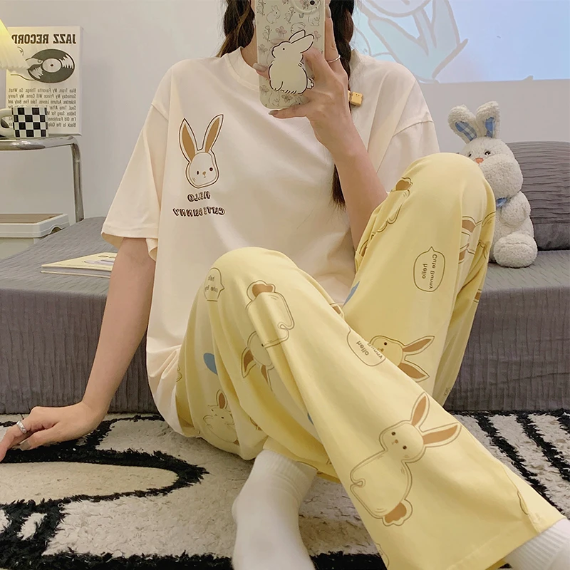 睡衣女夏季纯棉短袖长裤可爱卡通薄款春秋天网红风休闲家居服套装
