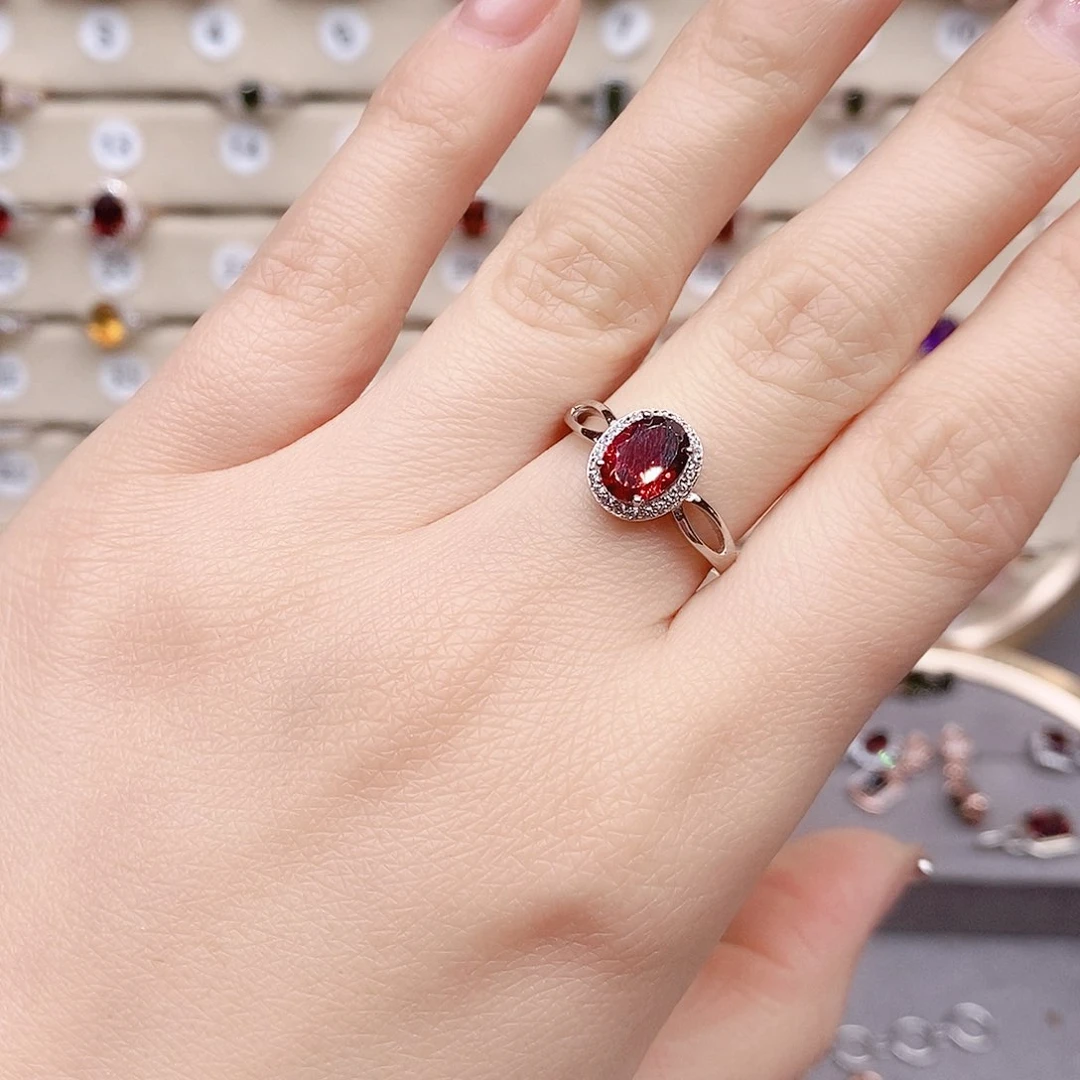 石榴石戒指银S925镶嵌戒指