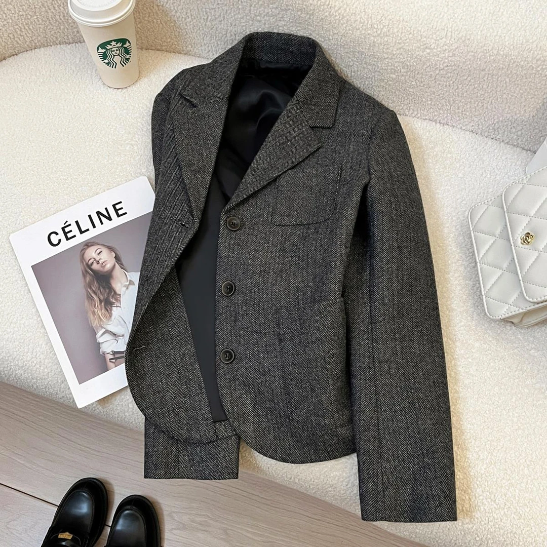 灰色小个子短款毛呢西装外套女2025秋冬新款高级感英伦风休闲西服