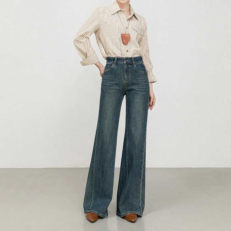 妙语牛仔裤女四面弹微喇裤2025年新款高腰女裤显瘦弹力休闲喇叭裤