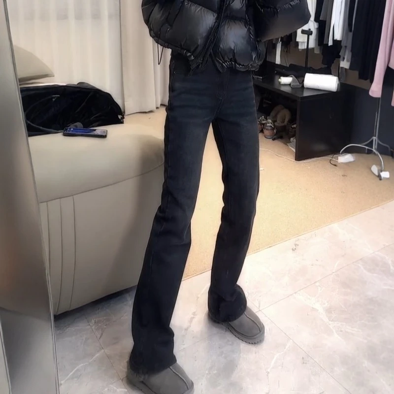 秋冬新款时尚黑灰修身牛仔微喇裤大码女装高腰显瘦加绒加厚喇叭裤