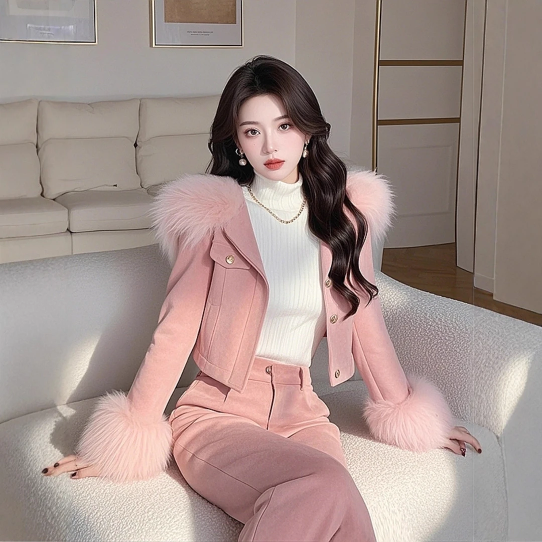 今流行欧货时尚洋气减龄套装小香风高级感粉色外套长裤两件套女