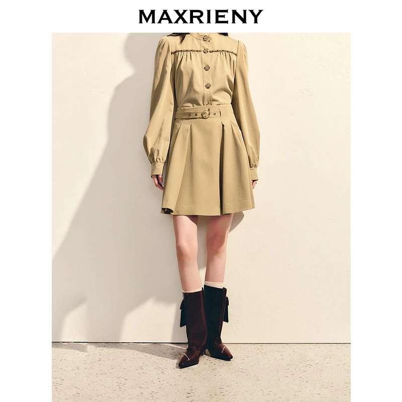 MAXRIENY春日氛围感卡其色a字收腰压褶2025春款百搭显瘦半身短裙