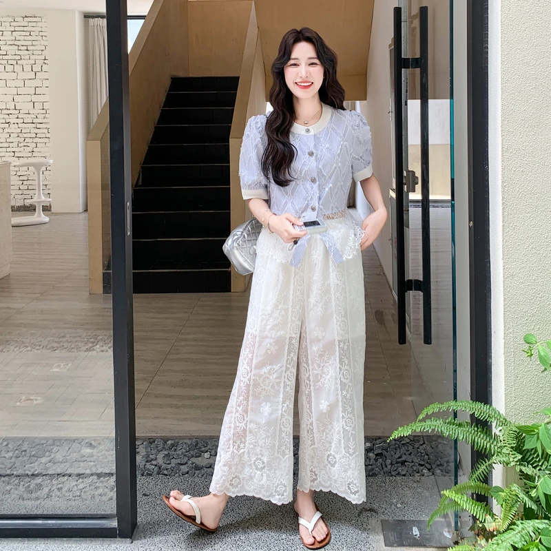 法式镂空蕾丝套装女夏减龄气质穿搭韩系条纹衬衫上衣阔腿裤两件套