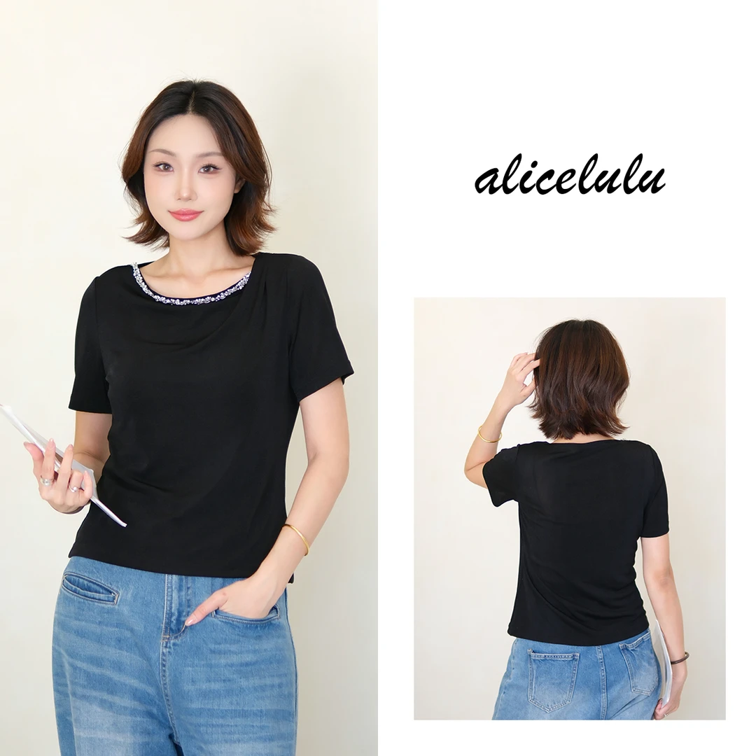 [alicelulu]时尚镶钻一字领黑色弹力修身显瘦衬衫 S2143750L