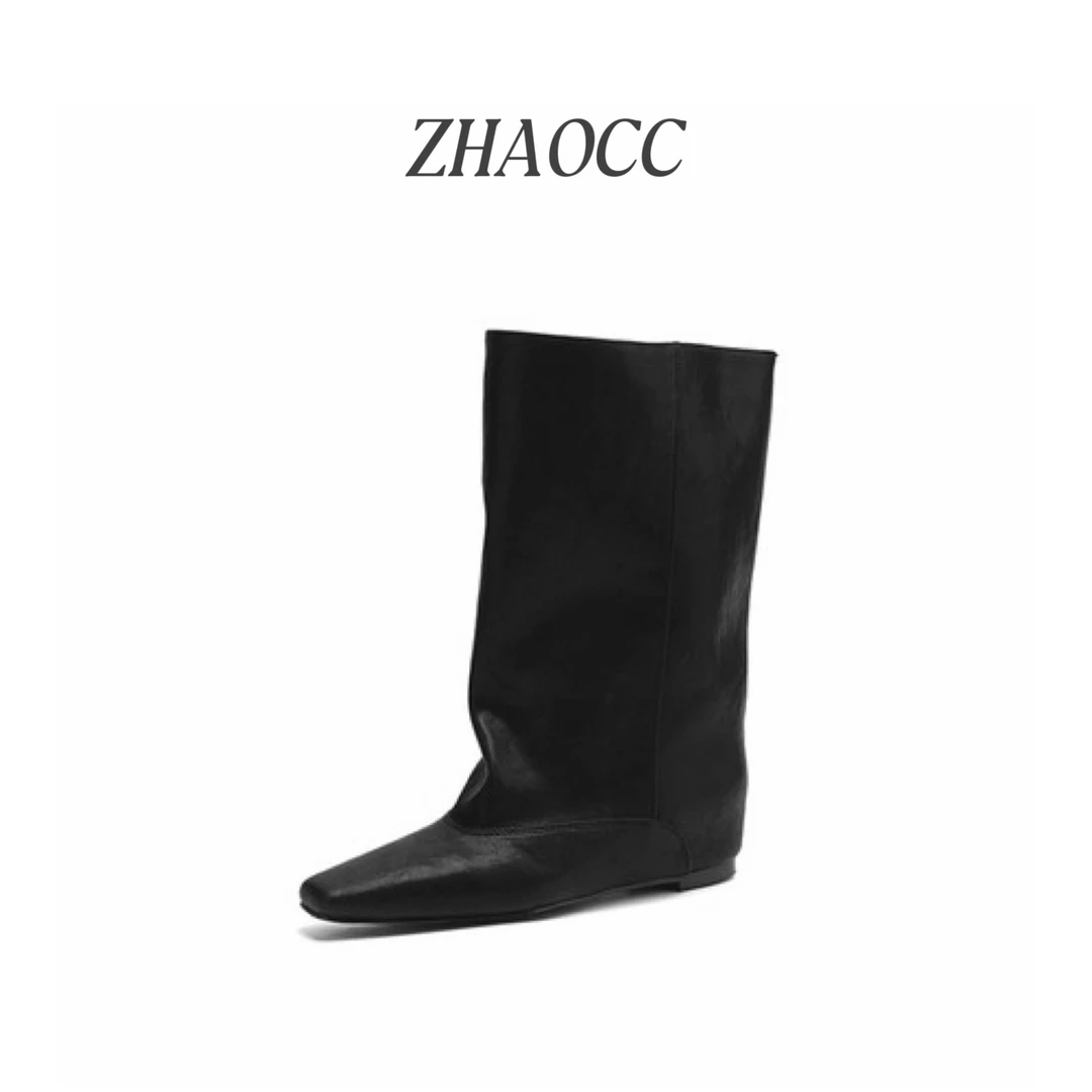 【赵CC】 极简主义/牛皮 艺术感欧洲站时尚裤管靴英伦风堆堆瘦瘦靴
