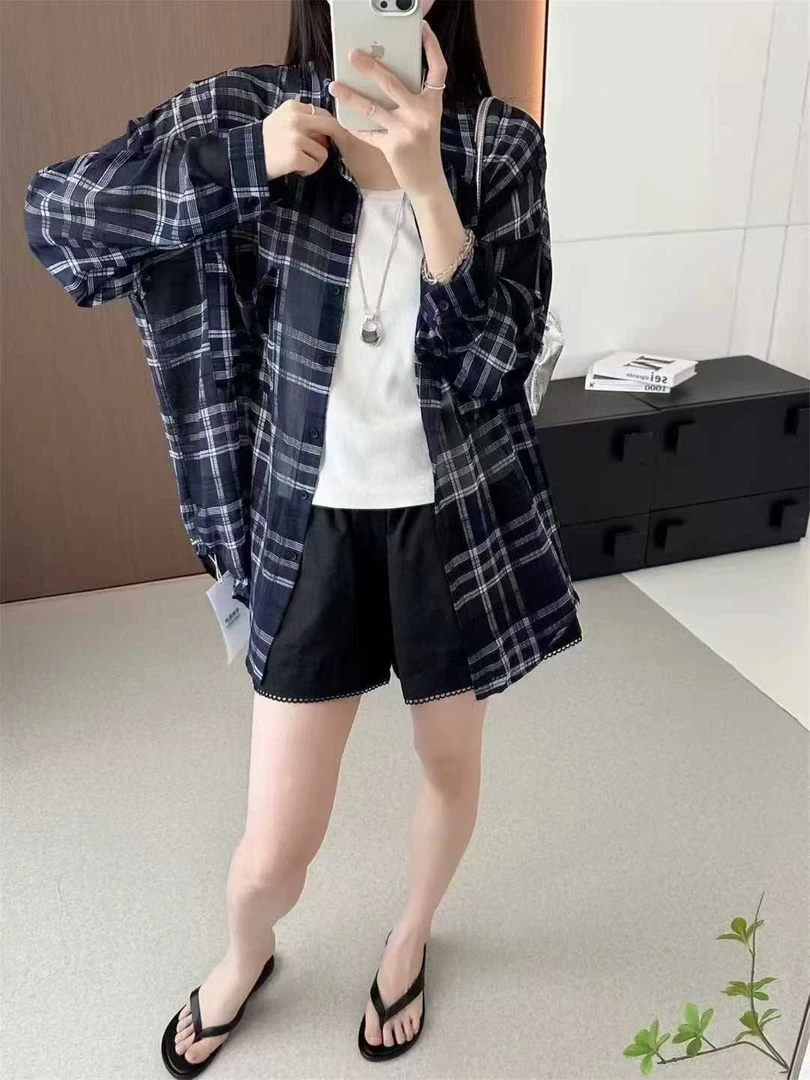 【韩版格子防晒长袖衬衫女夏季时尚薄宽松百搭上衣空调大码女裤
