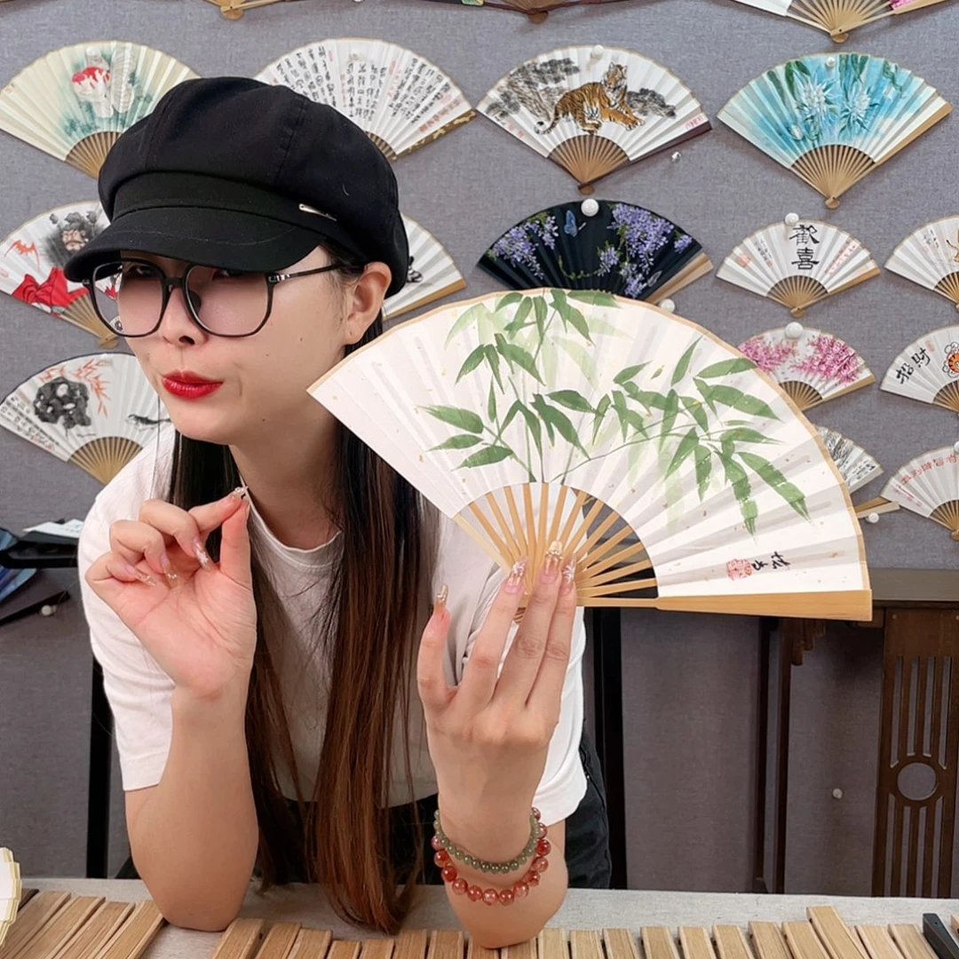 国画6寸玉竹-纯手绘-文玩扇骨（默认粘好）