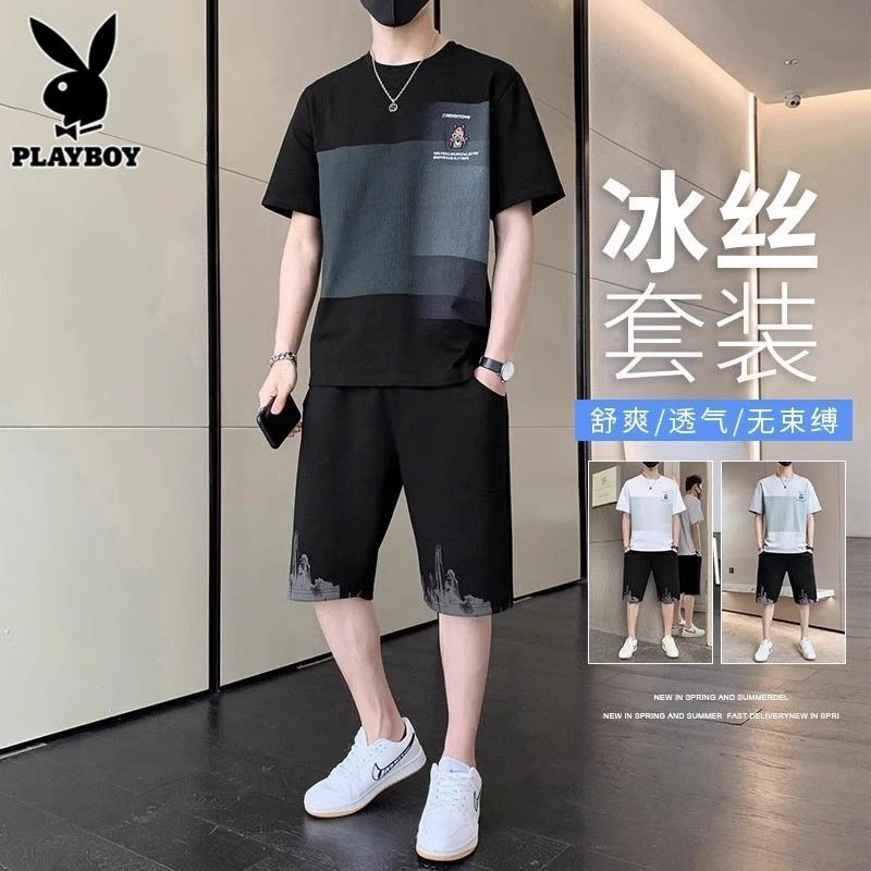 花花公子纯棉休闲运动服套装男士夏季薄款短袖t恤搭配短裤两件套