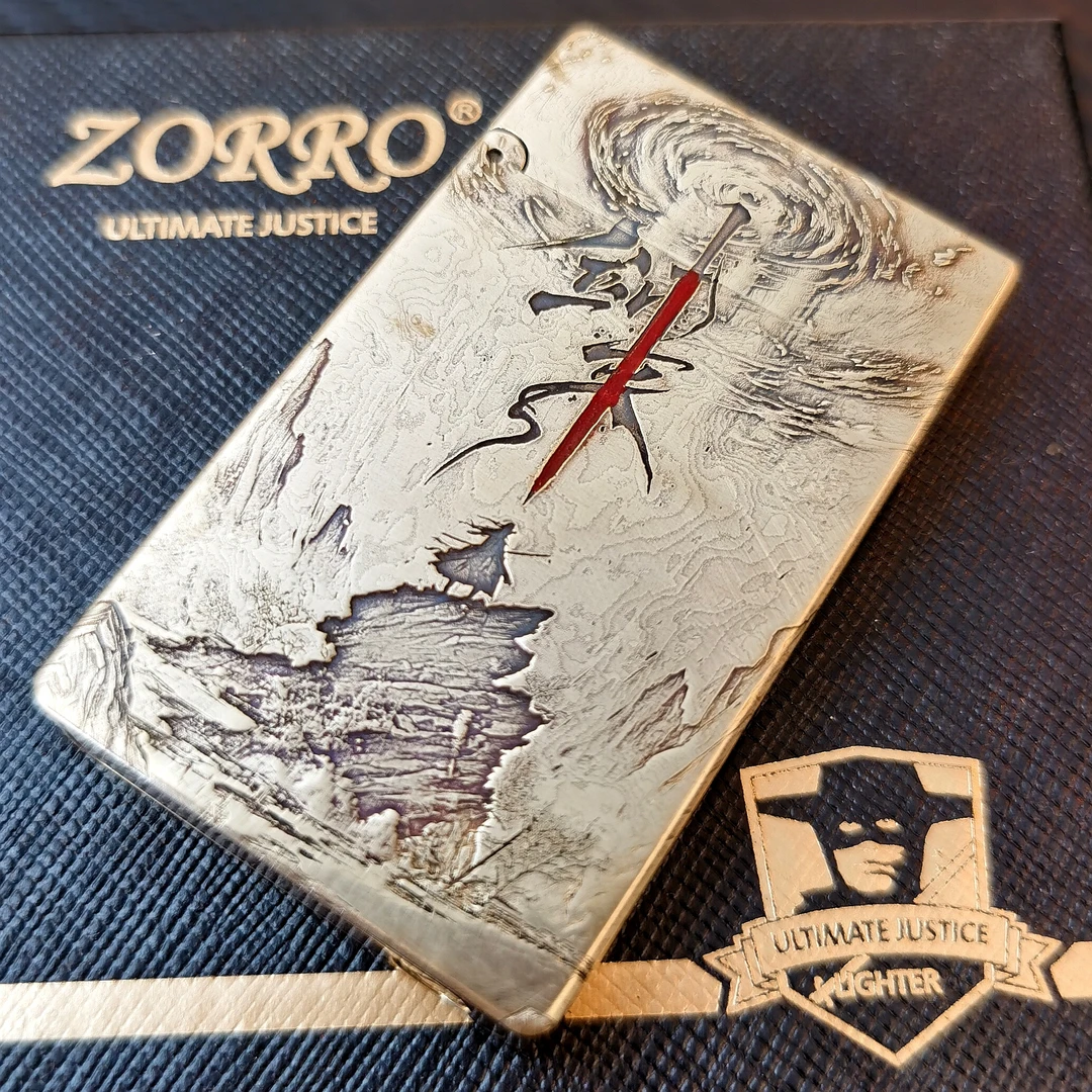 ZORRO佐罗超薄朗声油机799打火机浮雕填砂剑来黄铜一体钢音创意