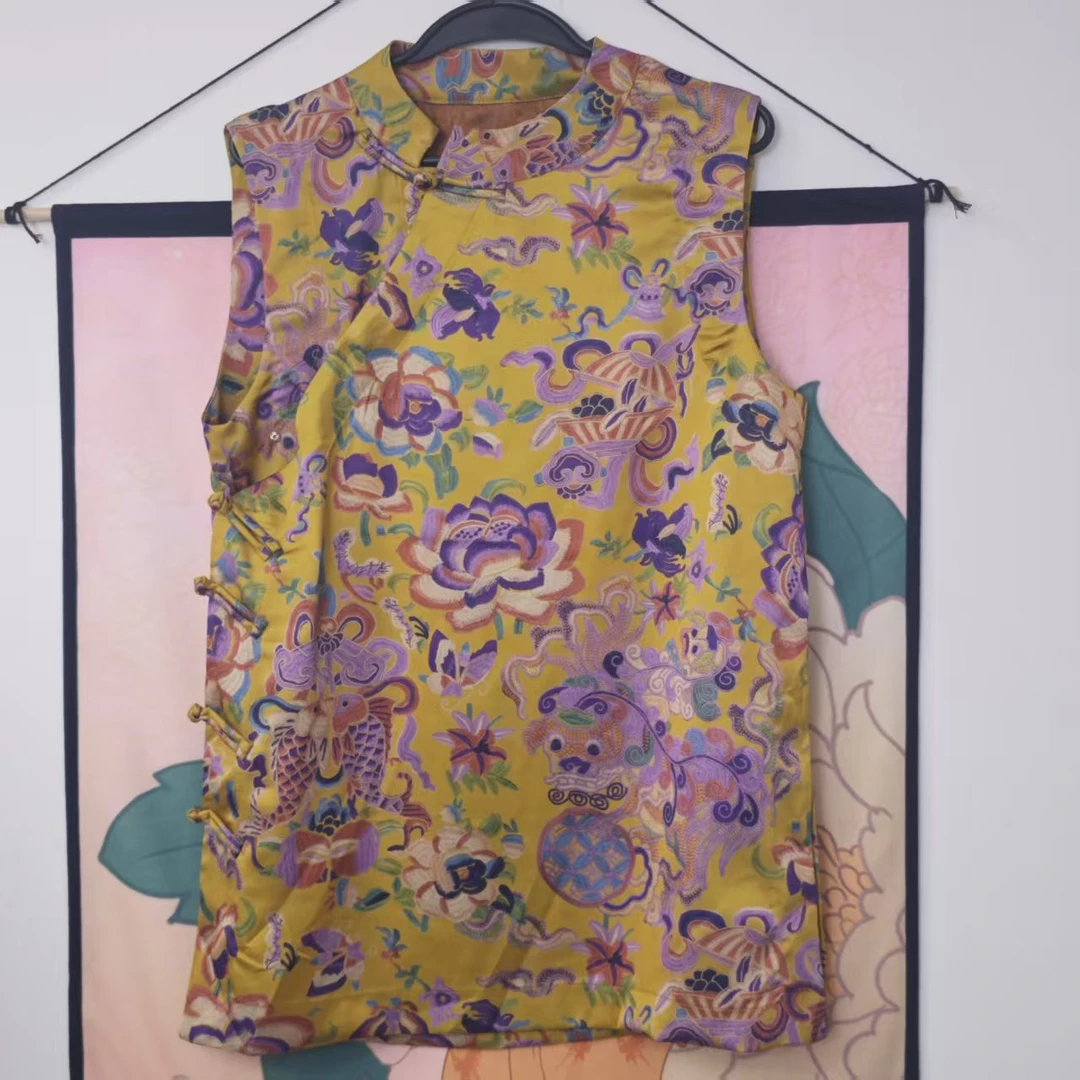 捡漏新中式国风盘扣刺绣无袖奥黛上衣立领复古印花夏季斜襟花色