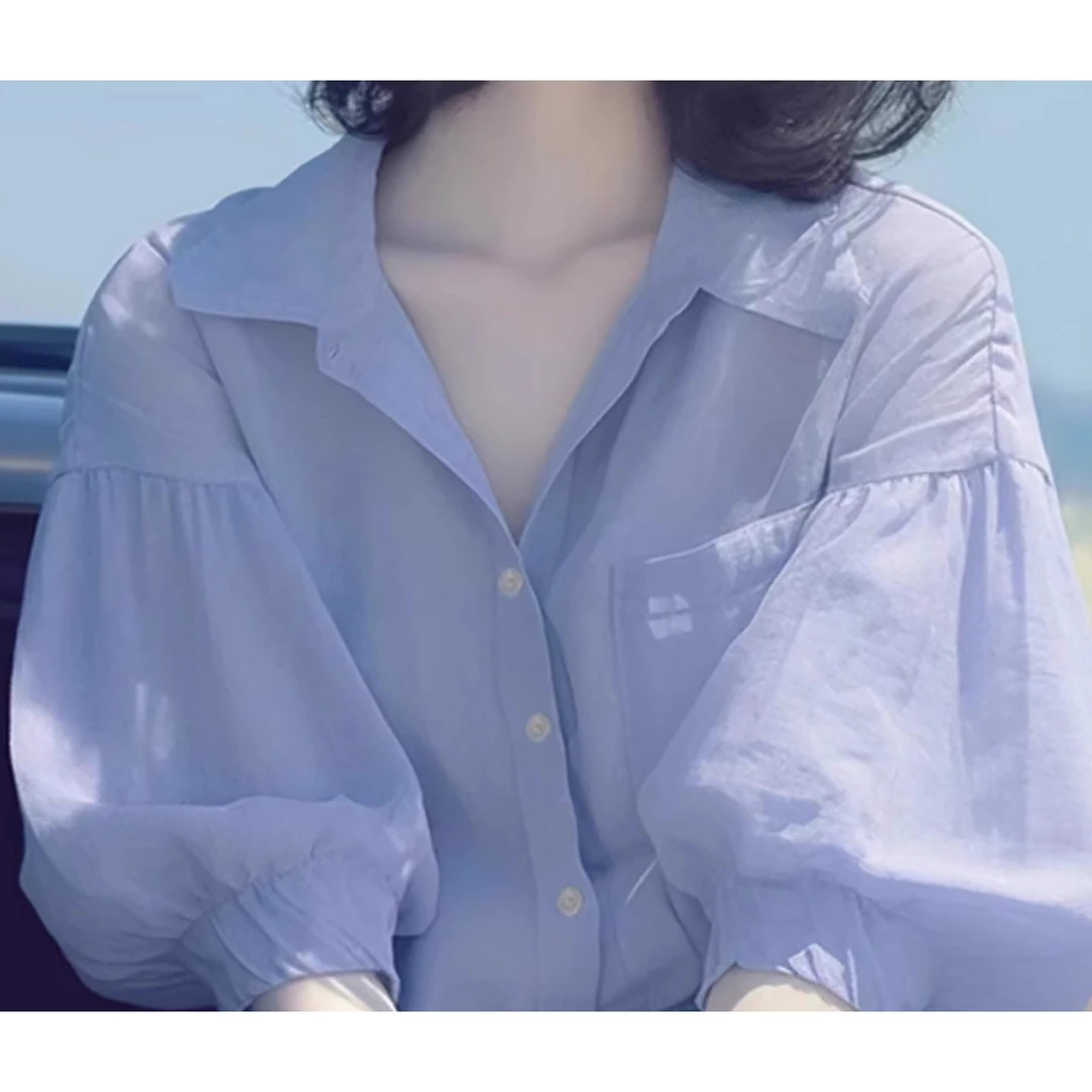 高级感紫色短袖衬衫女士宽松灯笼袖衬衣轻奢时尚显瘦百搭上衣夏季