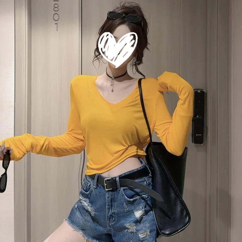 2025夏季新款韩版时尚百搭显瘦V领轻薄防晒T恤女慵懒风洋气上衣潮