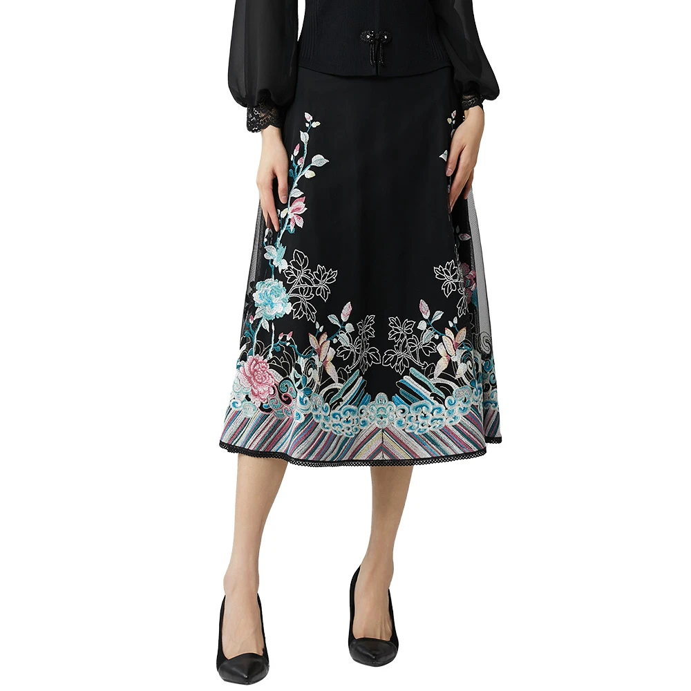 SUSSI/古色春商城同款黑色中国风百搭高腰伞裙刺绣半身裙女