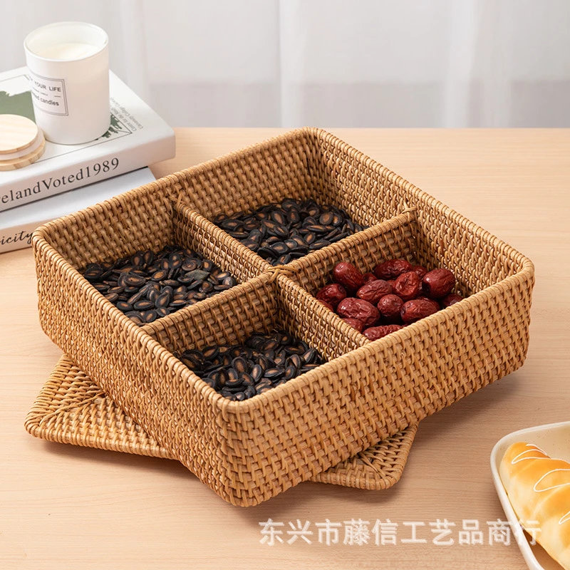 越南秋藤编织收纳水果篮 干果 糖果零食储物 藤编筐 分隔收纳